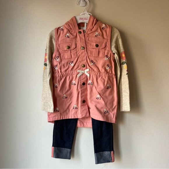 Little Lass Other - Little Lass Girls Floral Hooded Vest Outfit Set Size 5 Cottagecore Boho NWOT